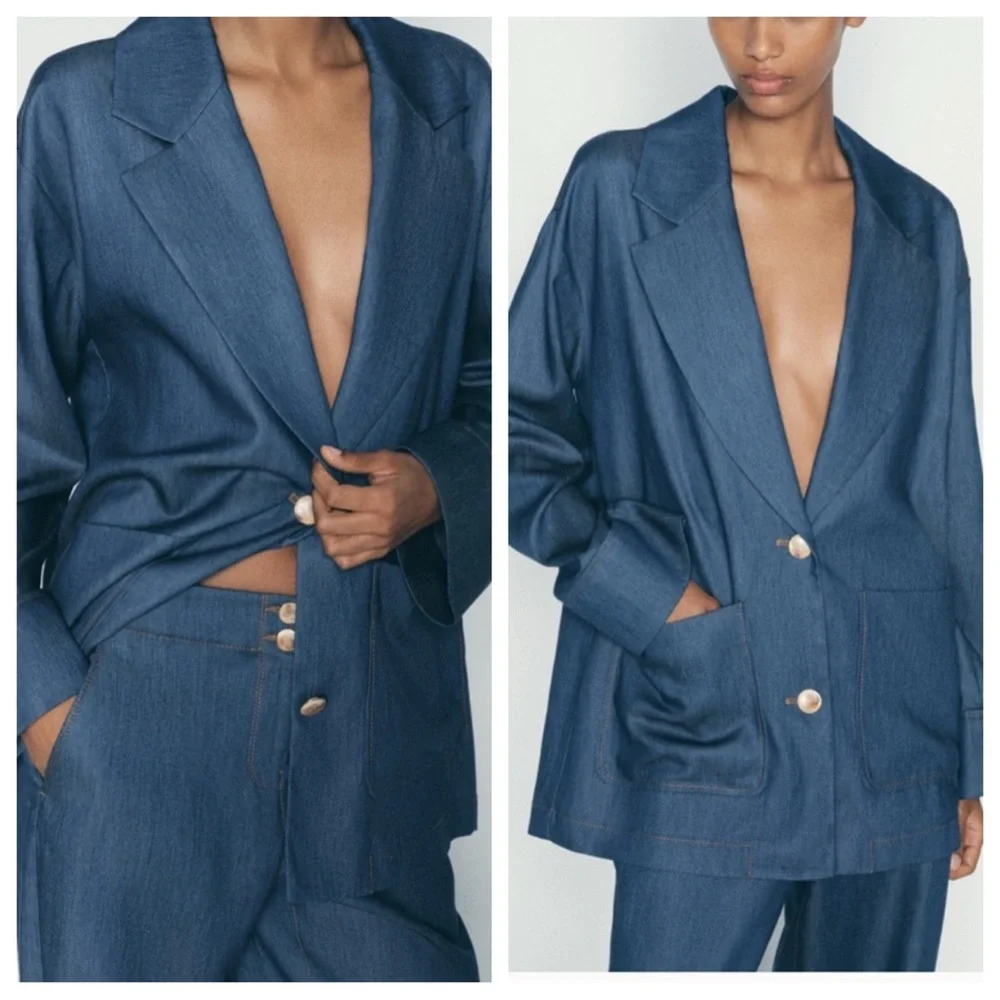 NWT! ZARA DENIM EFFECT OVERSIZED BLAZER and WIDE LEG PANTS INDIGO